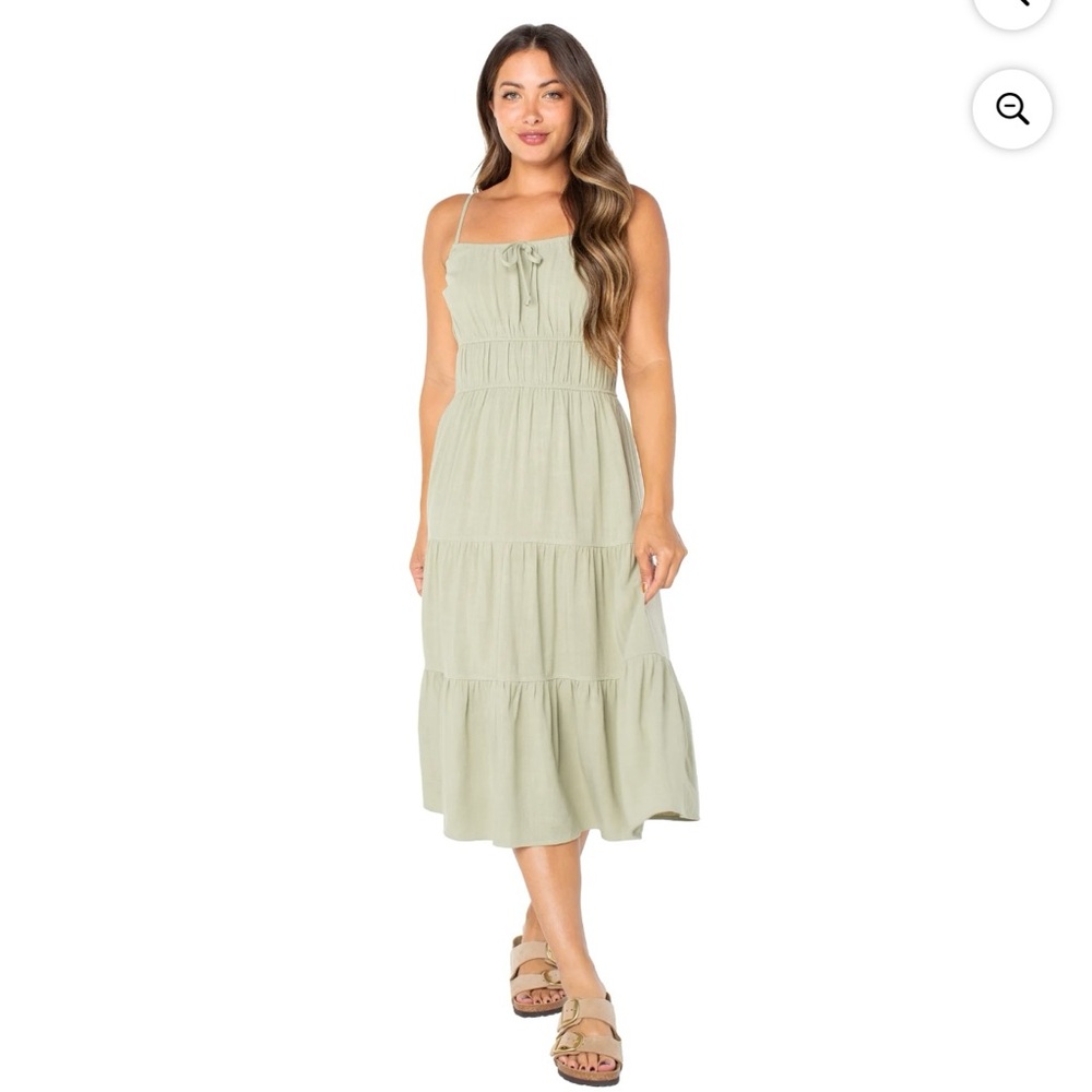 Celebrity Pink Olive Green Tiered Midi Dress Size Small Linen Blend Summer Dress